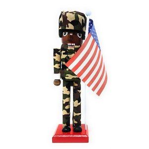 Ethnic Military Patriotic Veteran 10" Nutcracker with USA Flag